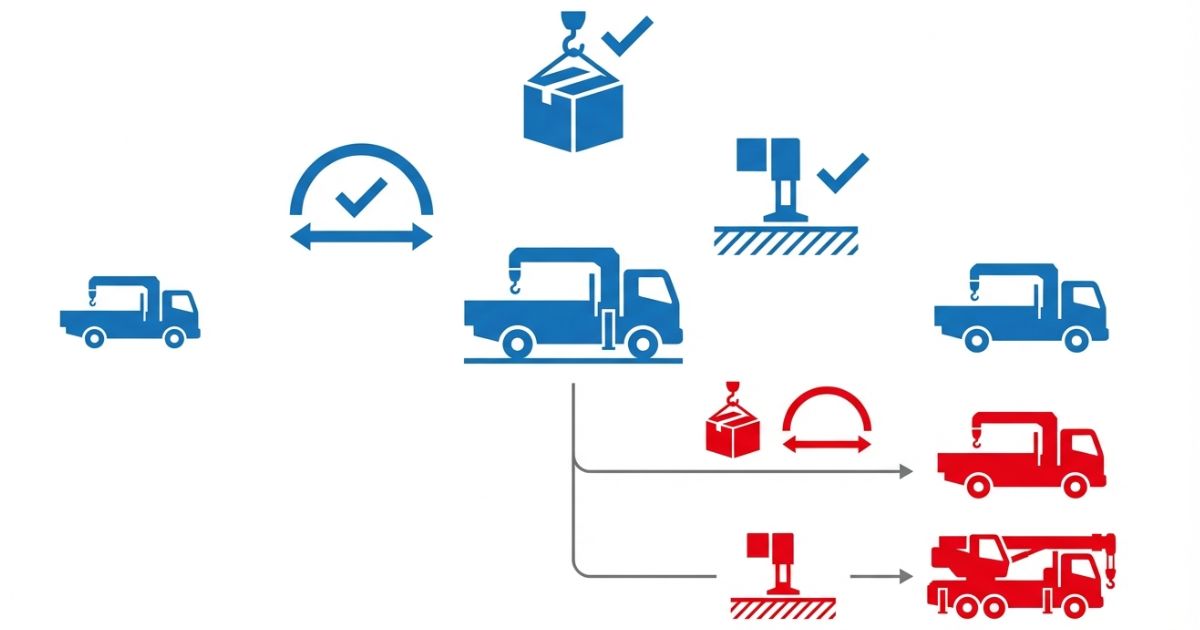 3tユニックを選ぶ分岐点を重量・半径・設置条件で示す文字なし図解