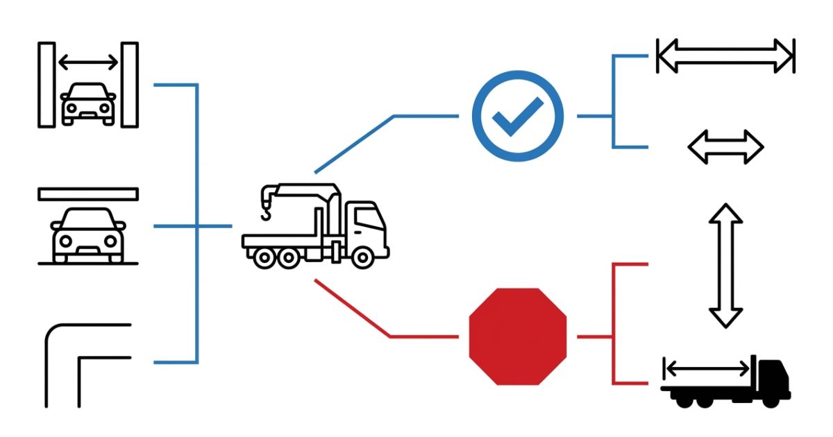 3tユニックの寸法と現場条件の突き合わせで可否を判断する文字なし図解