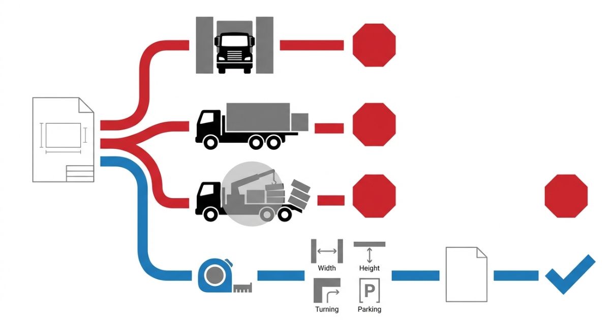 外形だけ判断や有効長・クレーン位置の見落としで失敗する分岐を示す文字なし図解