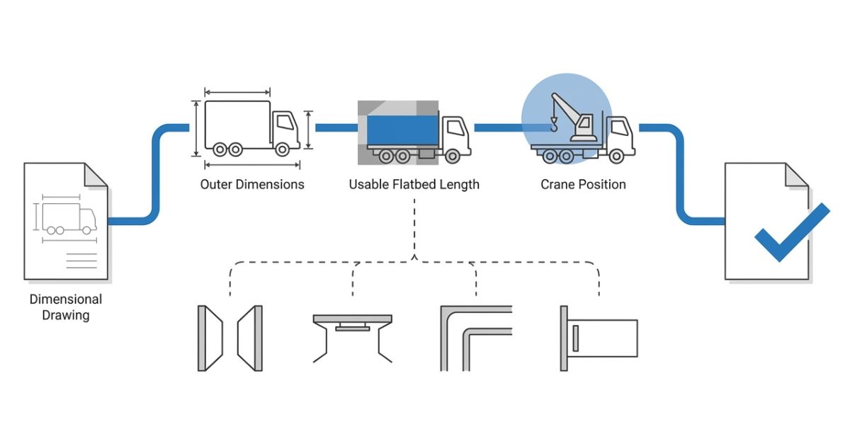 寸法図は外形寸法・荷台有効長・クレーン位置を現場条件に当てて判断する流れを示す文字なし図解