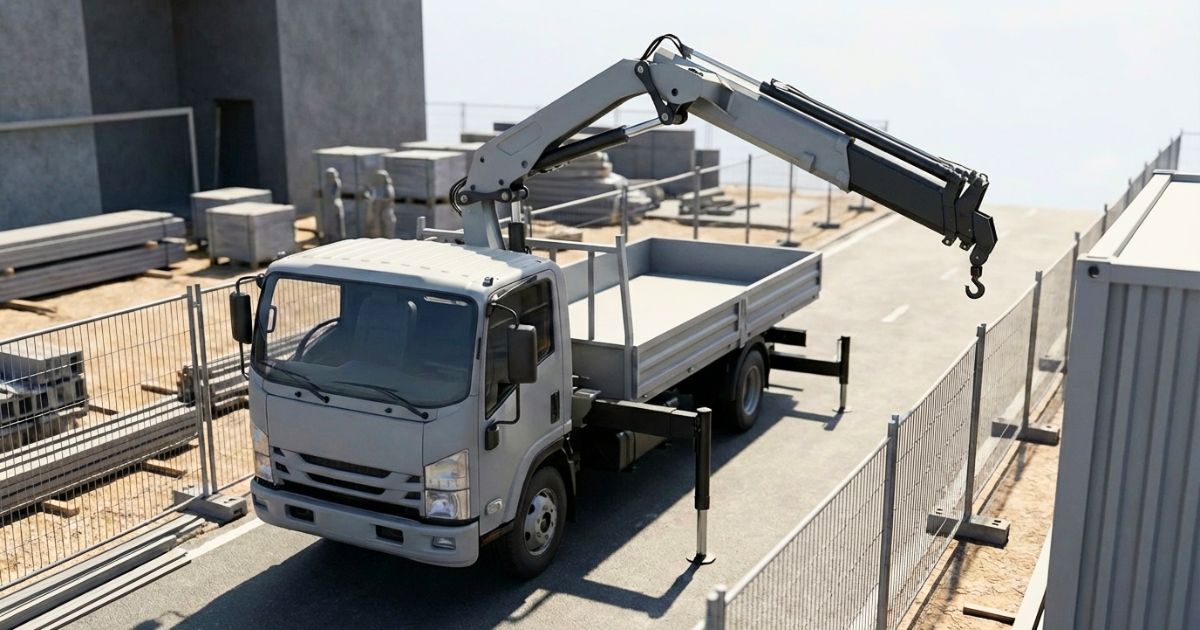 3tユニックが現場でアウトリガーを張り出し、吊り作業前に設置条件を確認している様子