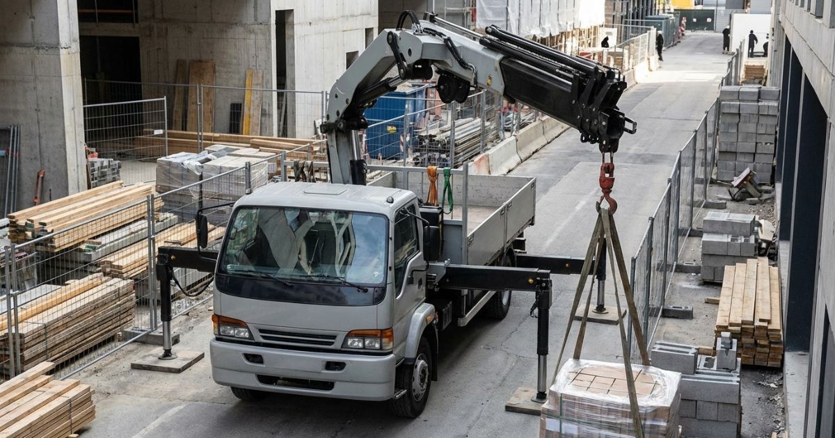 3tユニックがアウトリガーを張り出し、吊り作業前に荷と吊り具を確認している現場イメージ