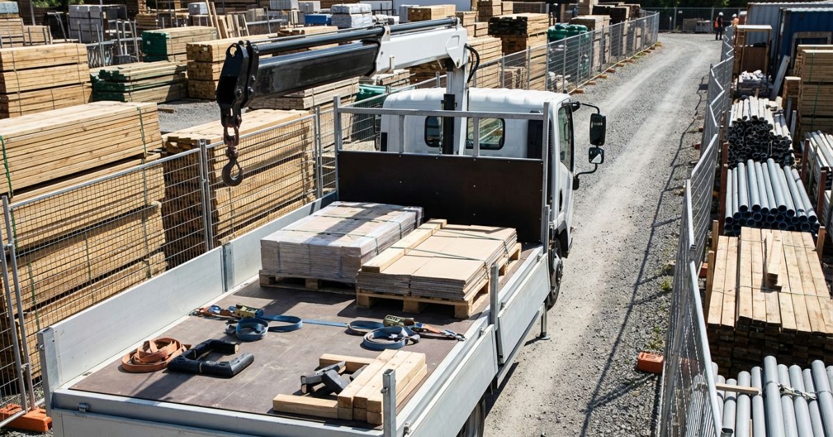 3tユニックが資材置き場でパレット荷の積み込み準備をしている様子