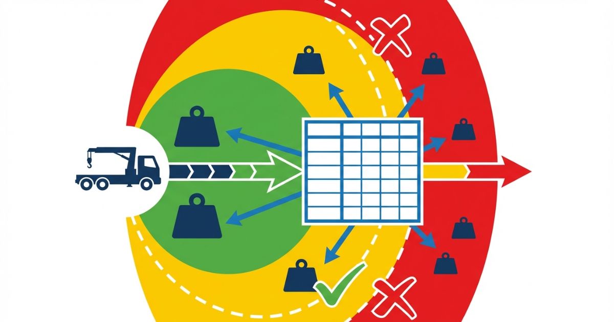 作業半径が広がるほど定格荷重が低下し境界線で可否が分かれる判断軸の図解
