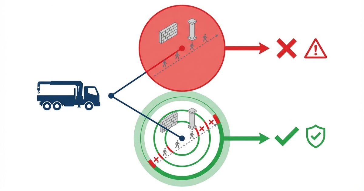 旋回円と障害物と立入禁止範囲を照合して成立可否を線引きする判断軸の図解