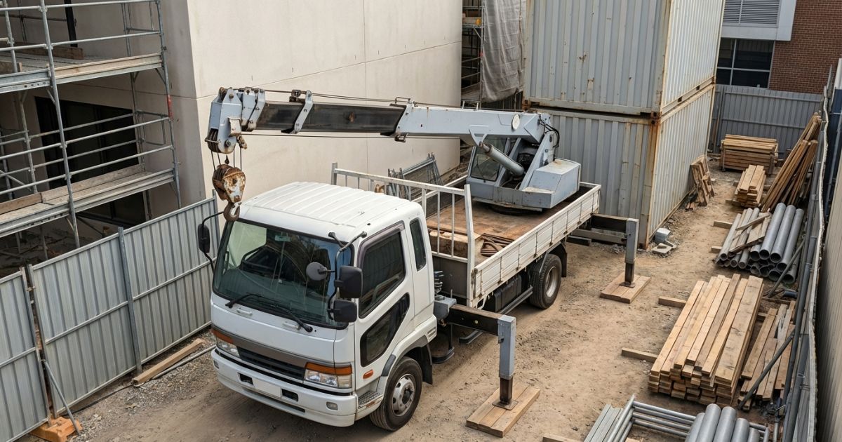 3tユニックが狭い現場で旋回できる余裕を確認している据え付けイメージ