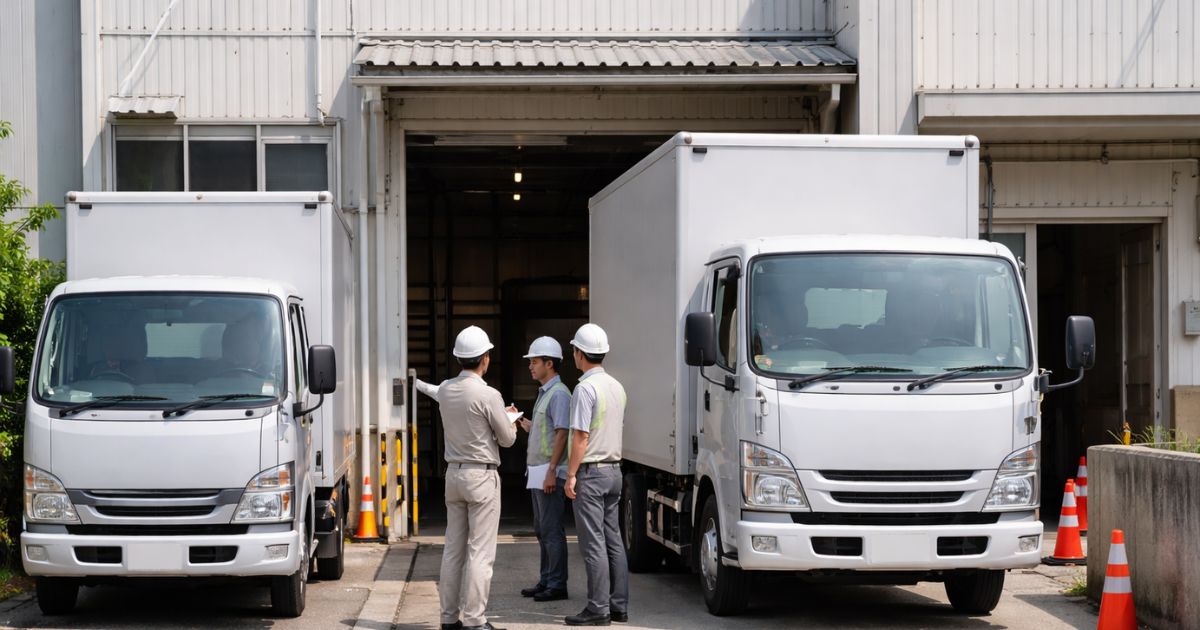 狭い搬入口で2トン車と3トン車の取り回しを確認している現場イメージ