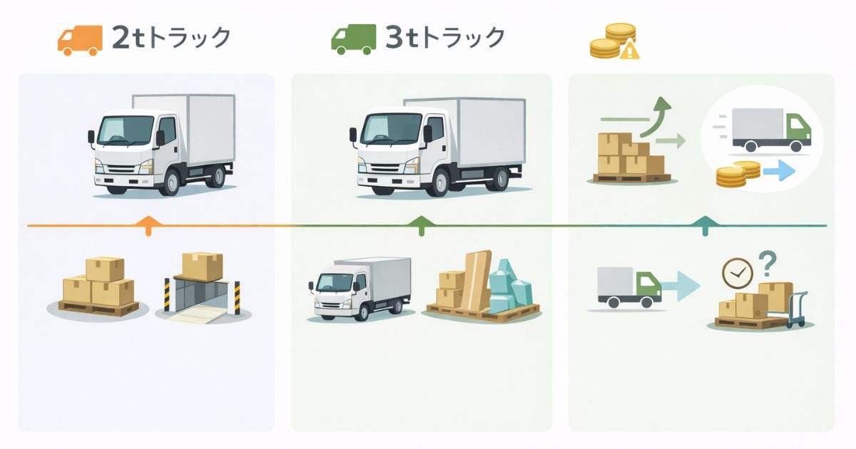 2トンと3トンを総コストと再手配リスクで見比べる比較図