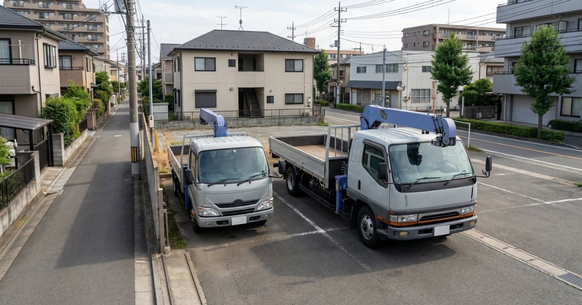 2tユニックと3tユニックを比較検討している現場イメージ写真