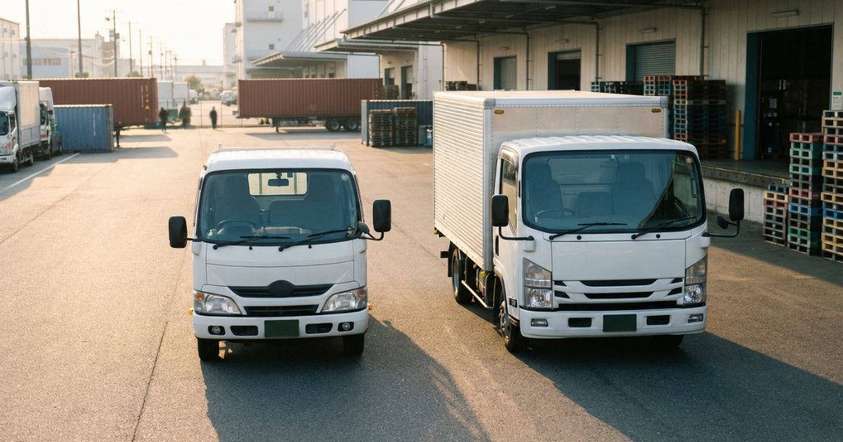 2トンと3トントラックが並び、サイズ感の違いが分かる現場写真