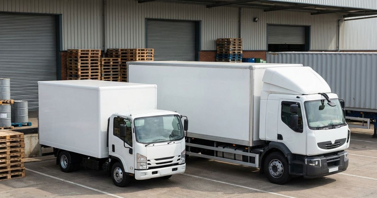 3トンと4トントラックが並び、車格とサイズ感の違いが分かる現場写真