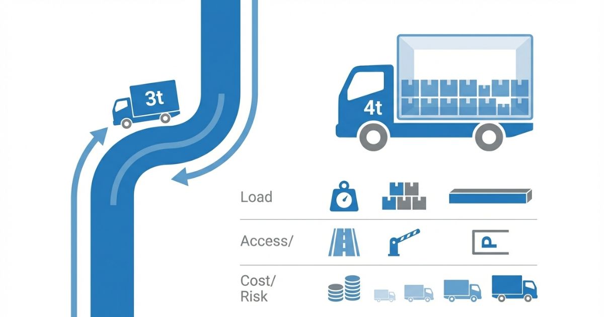 余裕が必要なら4t、取り回し重視なら3tという判断軸を示した文字なし図解