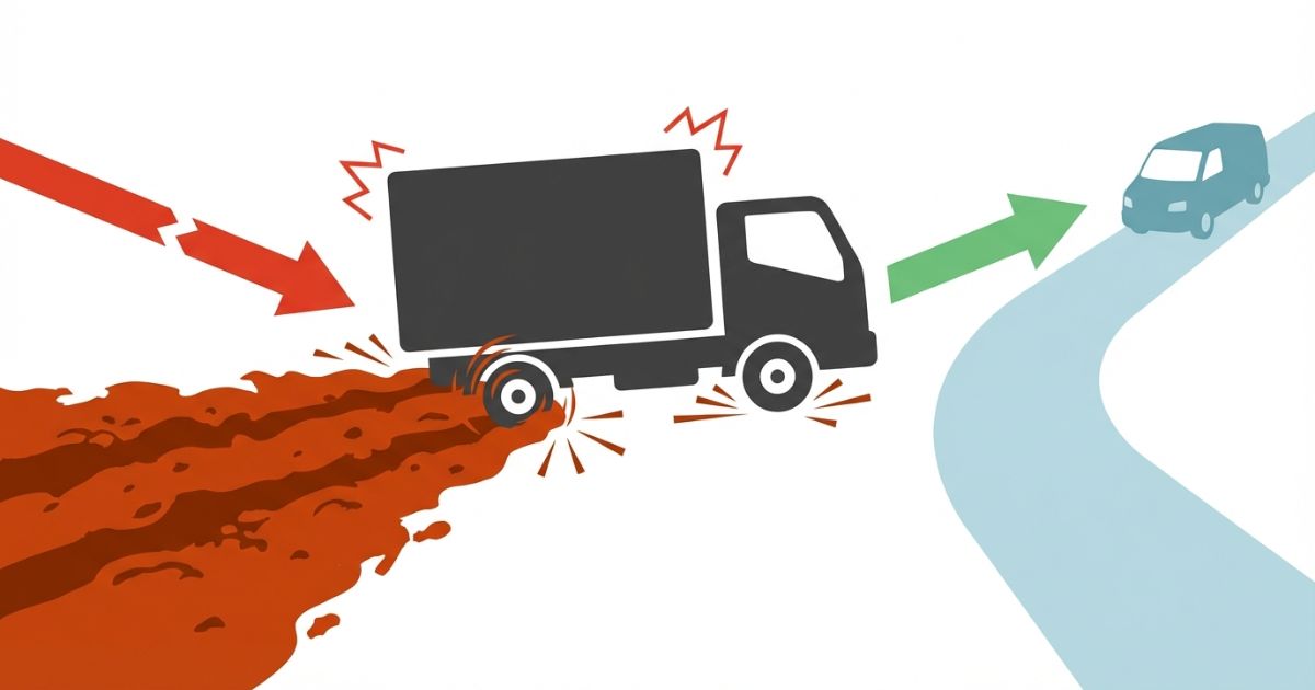 4WDを過信した進入による失敗と回避策を示した図解