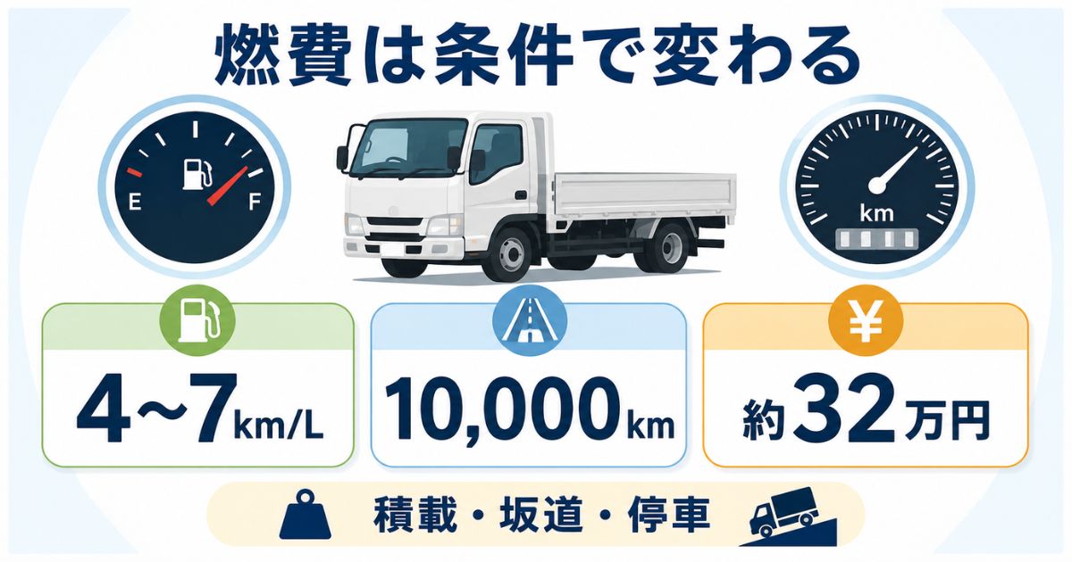 3トントラックのATとMTの燃費差より運用条件と年間燃料費を確認する考え方を示した図解