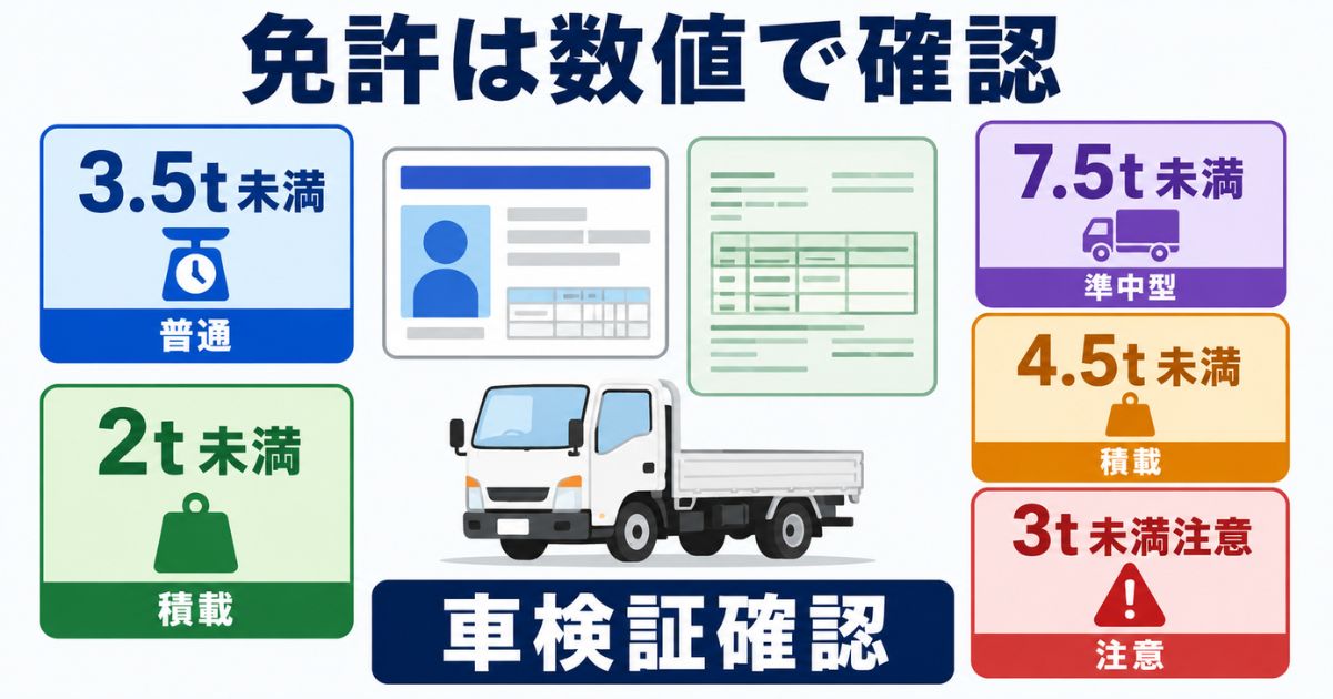 3トントラックのAT限定免許で確認すべき車両総重量と最大積載量の数値を整理した図解