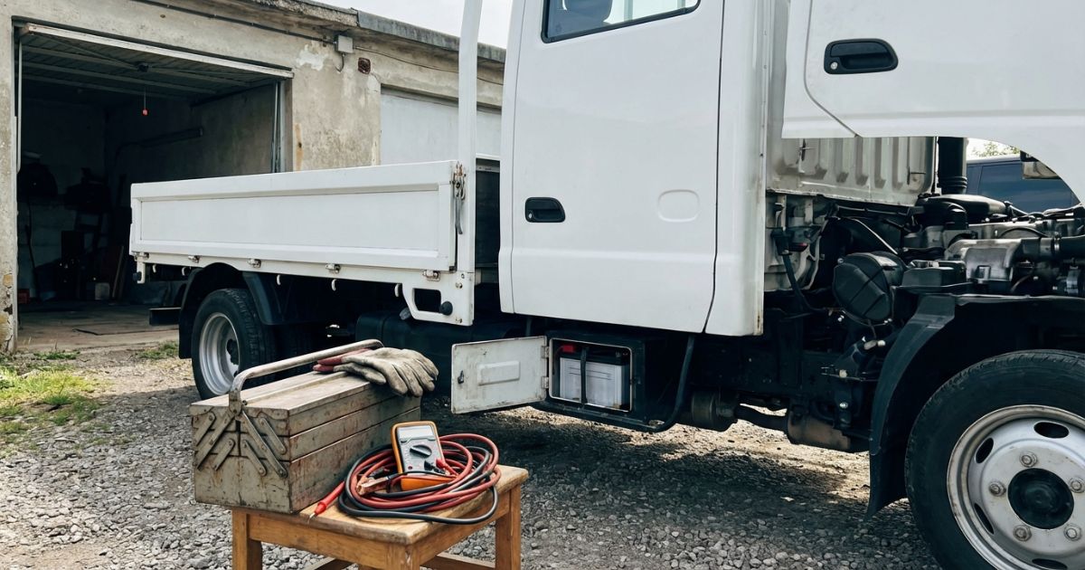 3トントラックのバッテリー点検と交換前の現場イメージ