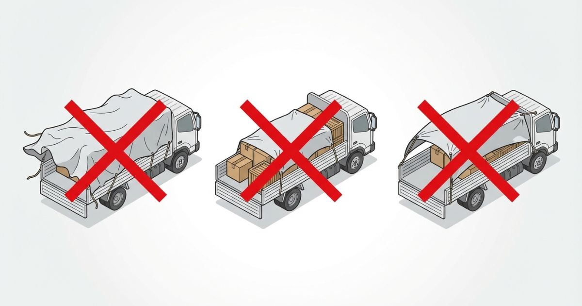 荷台シートのサイズ違い・固定不良による失敗例を示した図解
