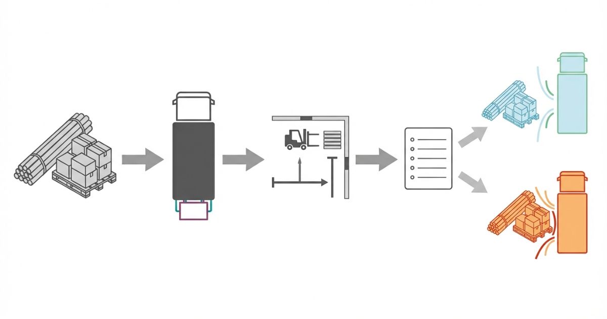 荷物条件から車両条件と現地条件を揃えて手配条件を明記する判断手順を示す文字なし図解