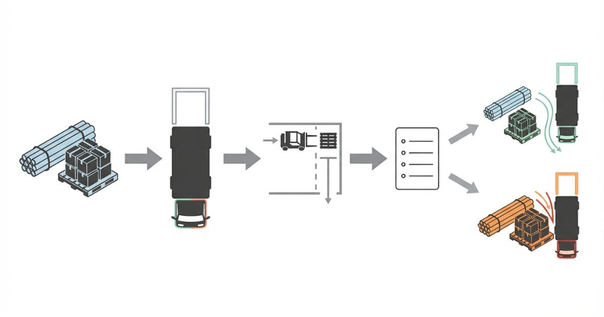 パレットで入らない・開口で詰む・固定不足で不安定になる失敗例と分岐策を示す文字なし図解