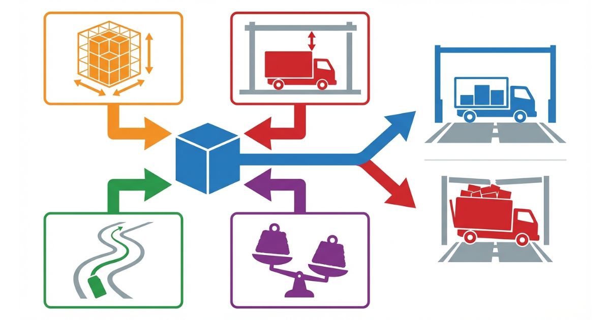 3t箱車は容積と高さ制限と進入条件と重量確認で成立判断する流れを示す文字なし図解