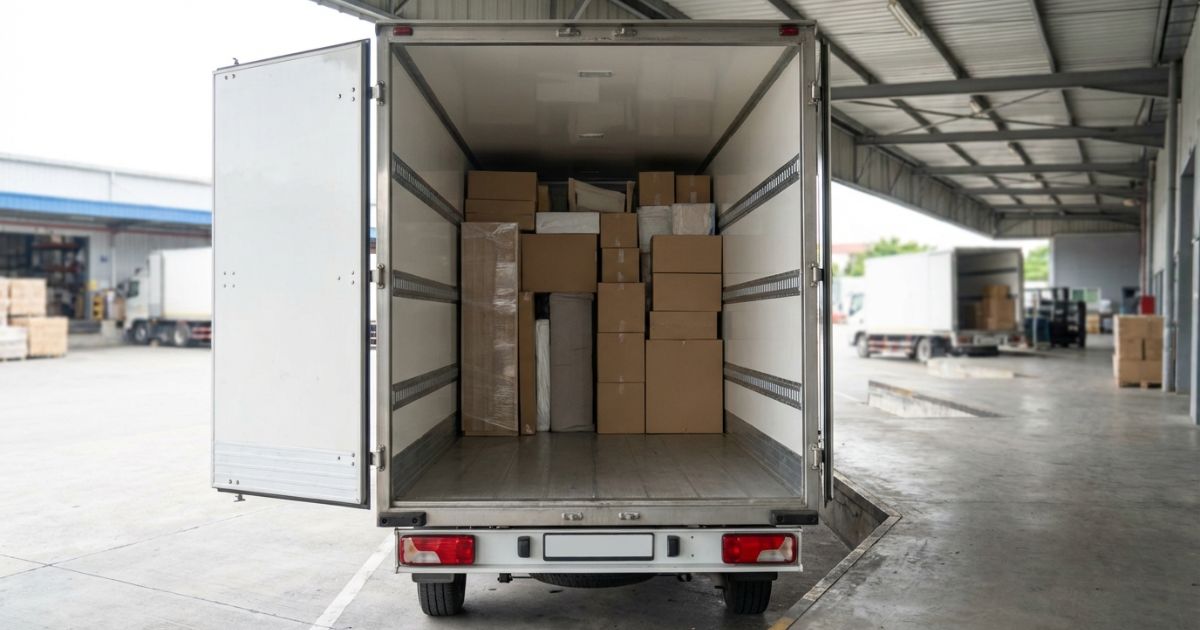 3トントラックの箱車で荷室に段ボールや梱包荷物を積んだ様子が分かる現場写真