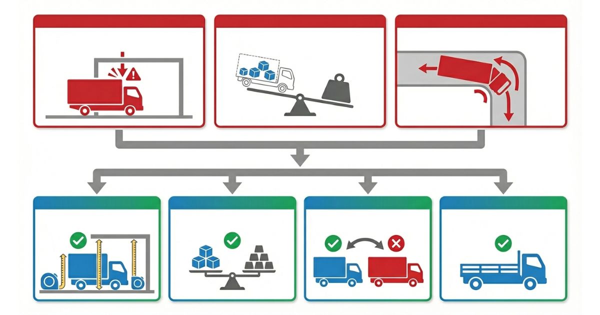 高さ制限や過積載リスクや取り回し不成立の失敗例と回避分岐を示す文字なし図解