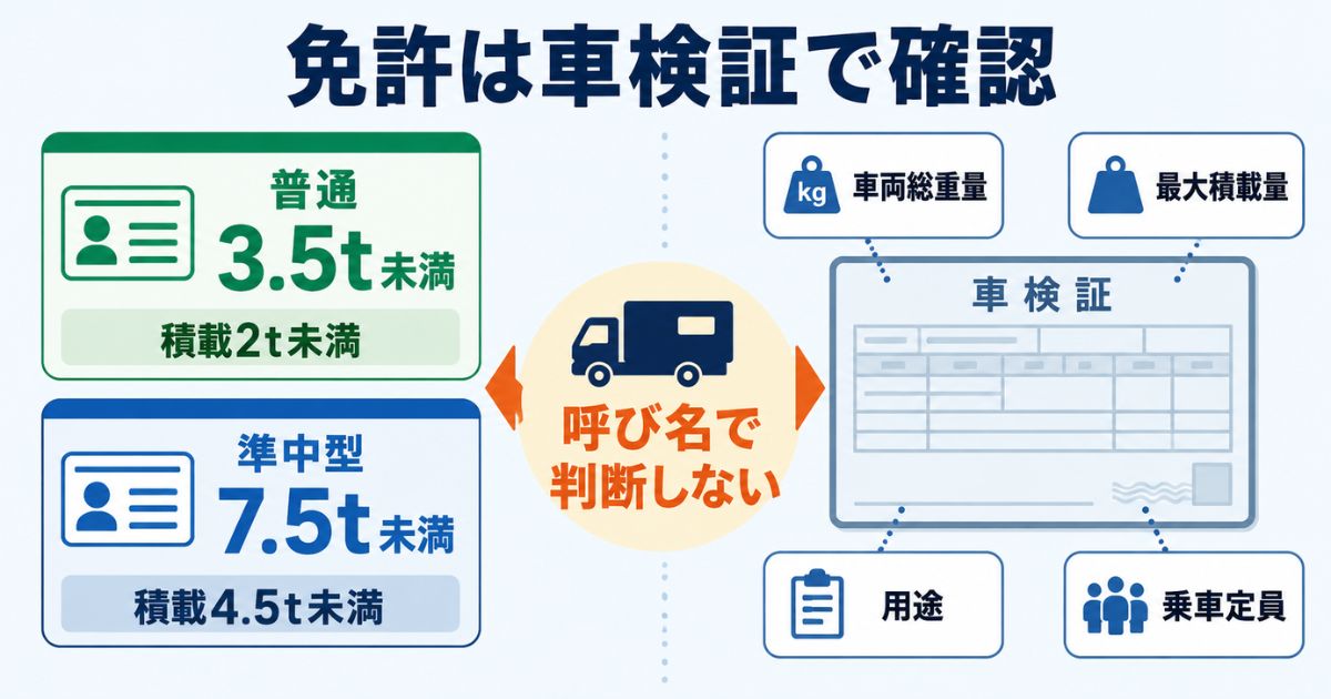 3トントラックキャンピングカーの免許判断で車両総重量と最大積載量を車検証で確認する図解