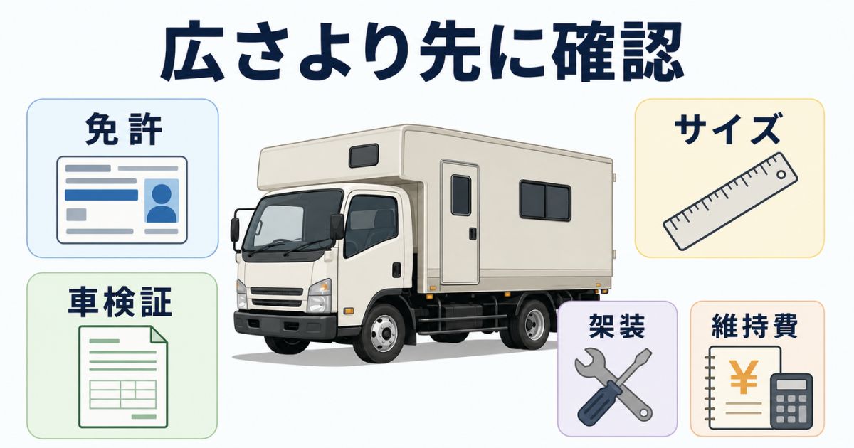 3トントラックのキャンピングカー化で免許・車検証・サイズ・架装・維持費を確認する流れを示した図解