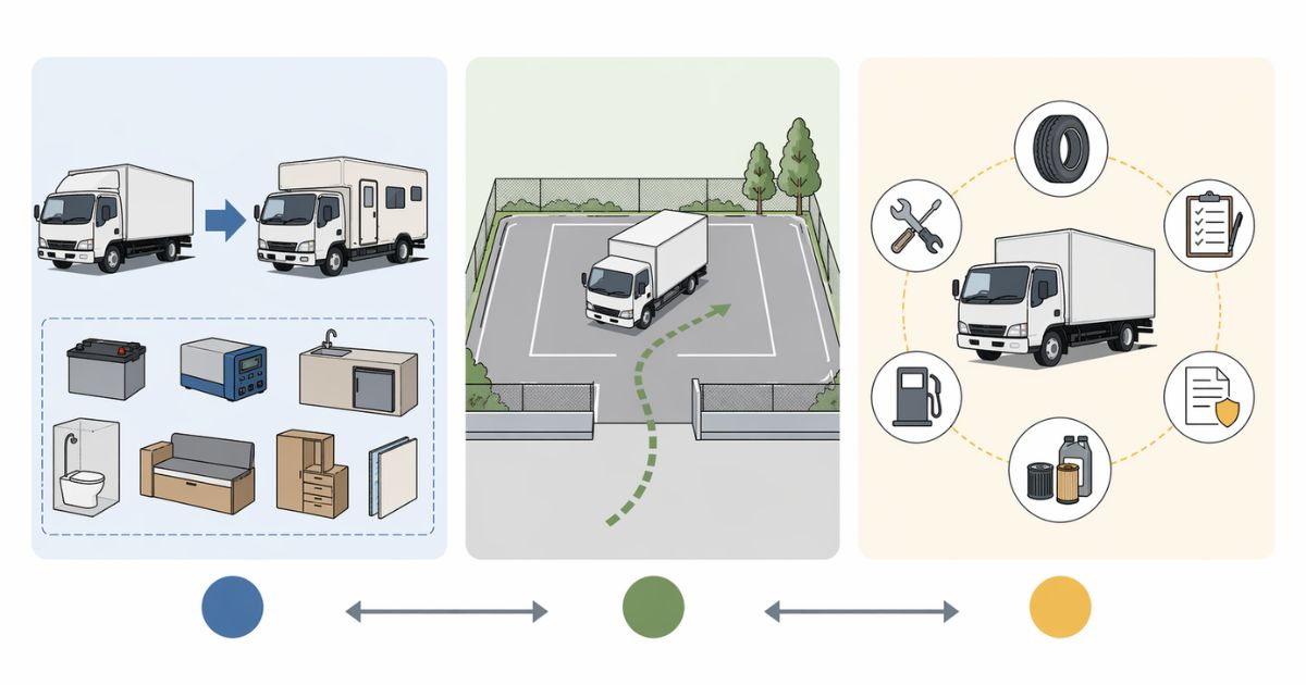 3トントラックのキャンピングカーで総コストが変わる要素を比較した図解