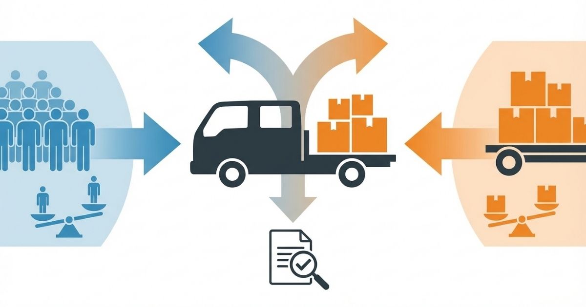 3トントラックのダブルキャブで人員輸送と積載の判断軸を示した図解