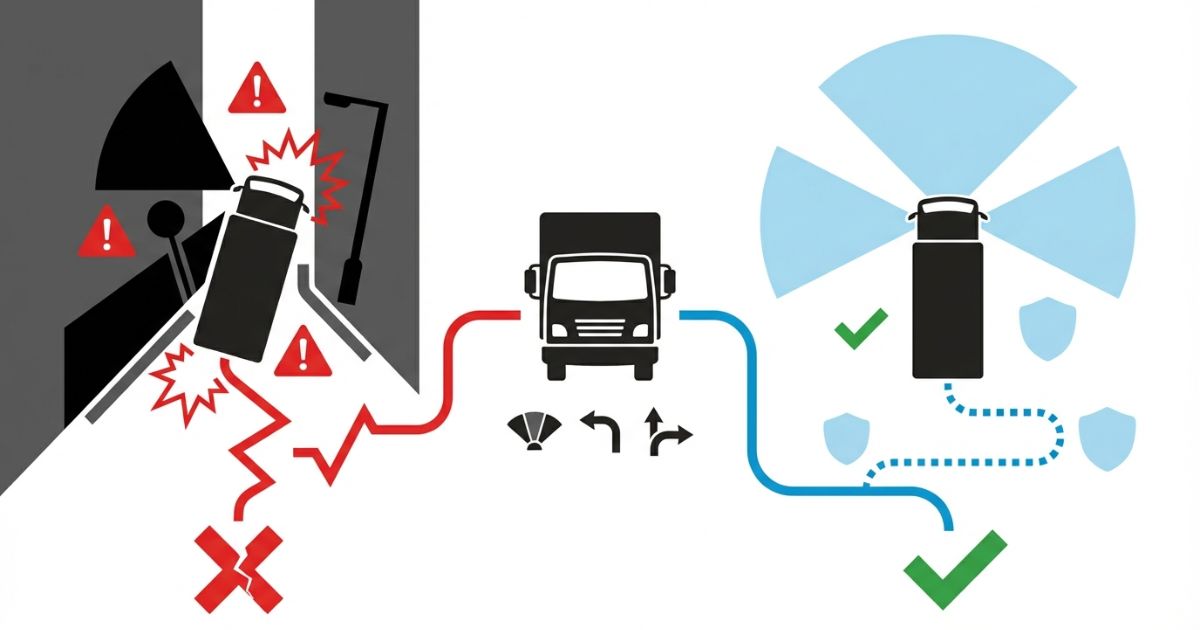 死角や内輪差やバックで起きやすい失敗と回避を示した図解