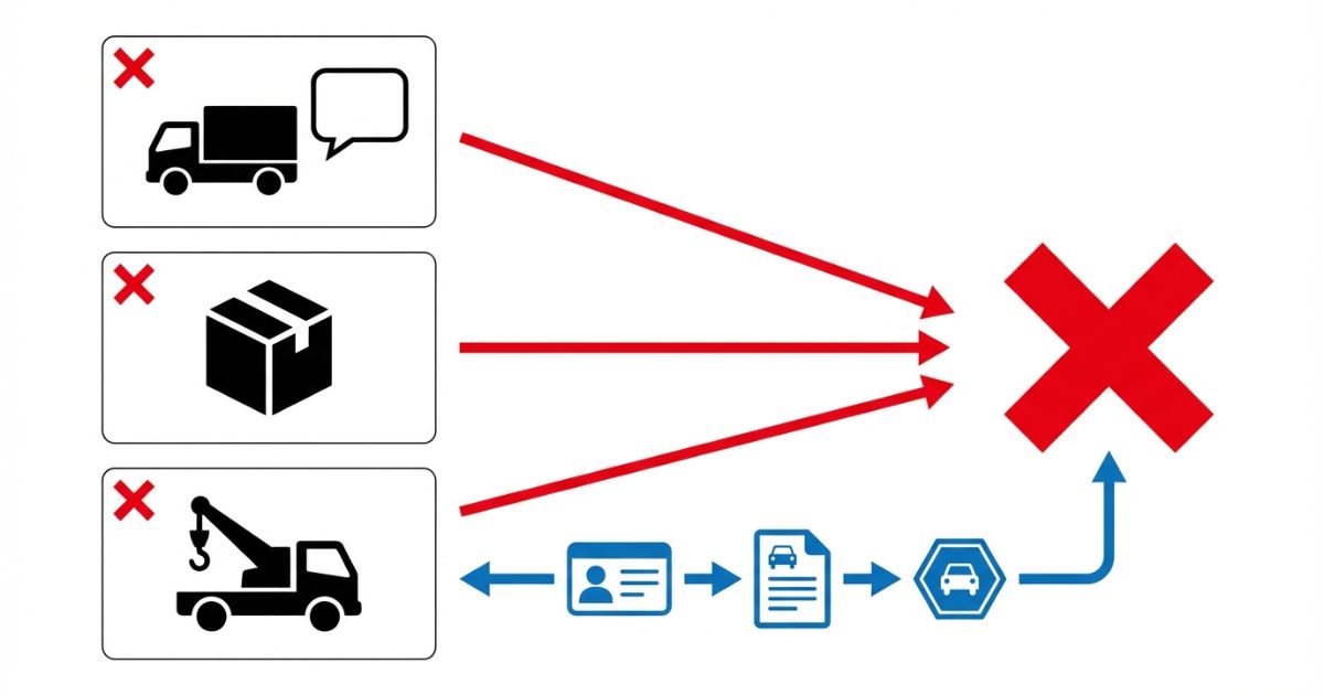 呼称だけ・積載イメージだけ・運転と作業の混同で当日停止につながる失敗パターン図