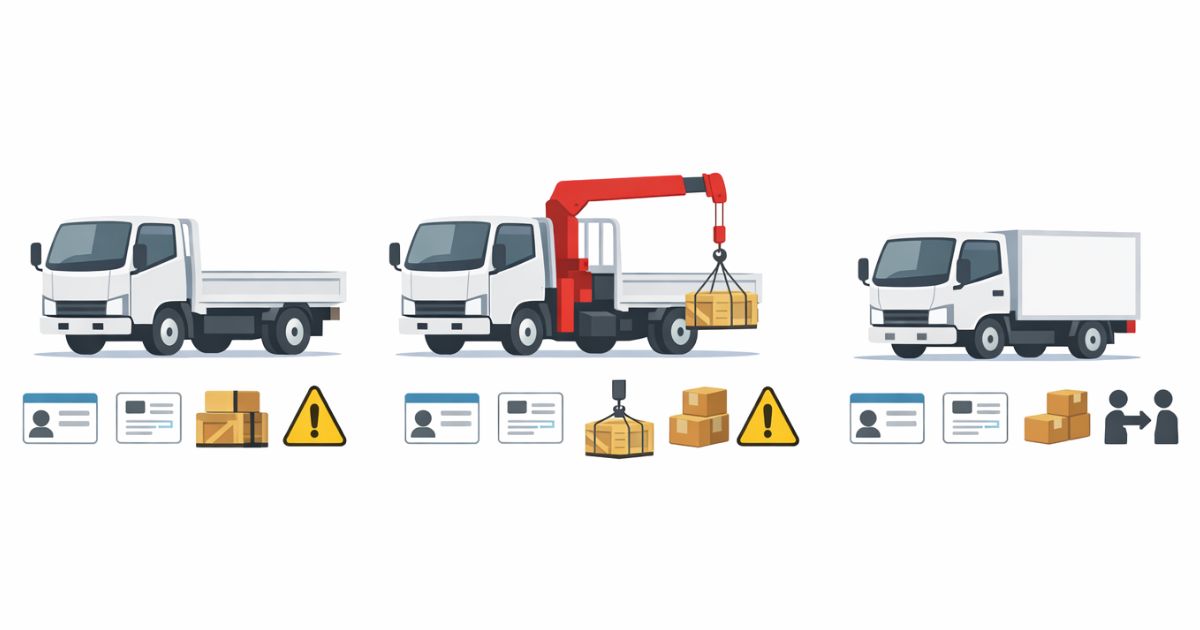 3トントラックと3tユニックと2t代替の違いを比較した判断図