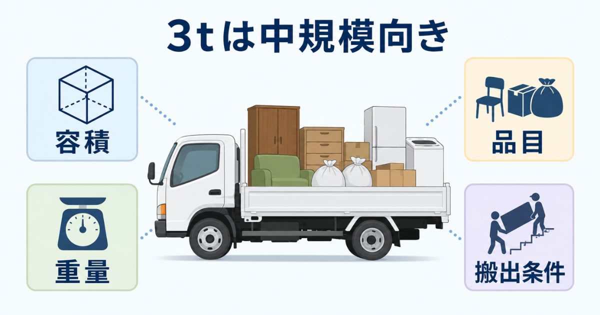 3トントラックの不用品回収は中規模向きだが容積・重量・品目・搬出条件の確認が必要なことを示す図解