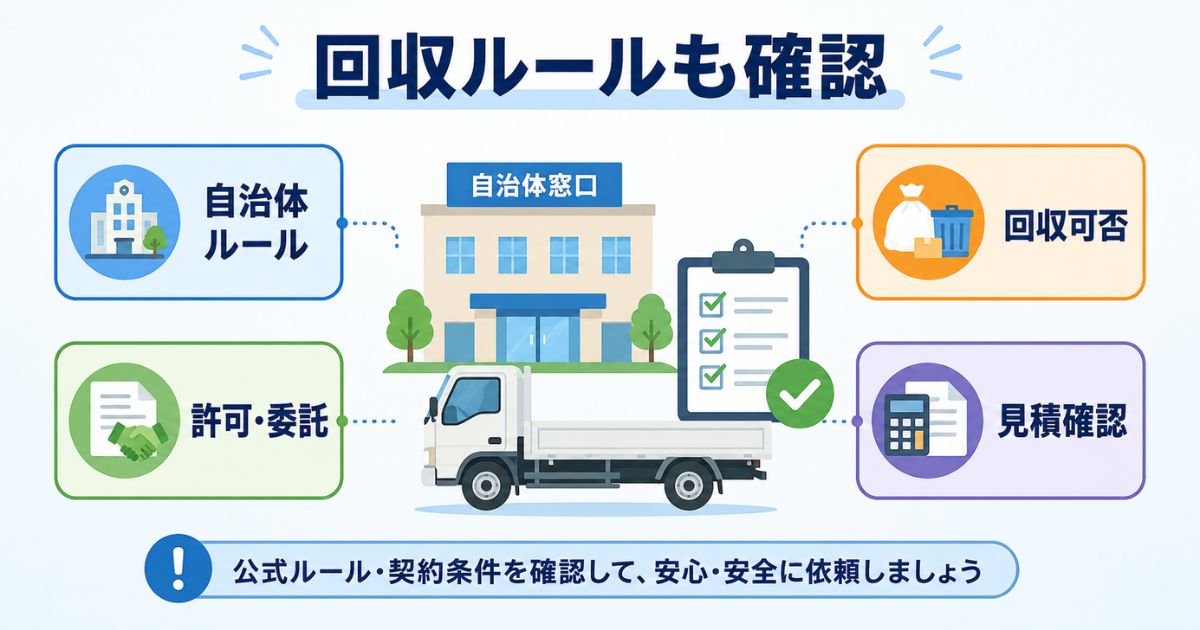 家庭ごみや粗大ごみの不用品回収で自治体ルール・許可委託・回収可否を確認する流れを示す図解
