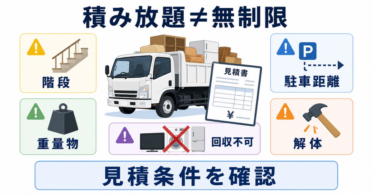 3トントラック積み放題で階段・駐車距離・解体・重量物・回収不可品により追加料金が出やすいことを示す図解