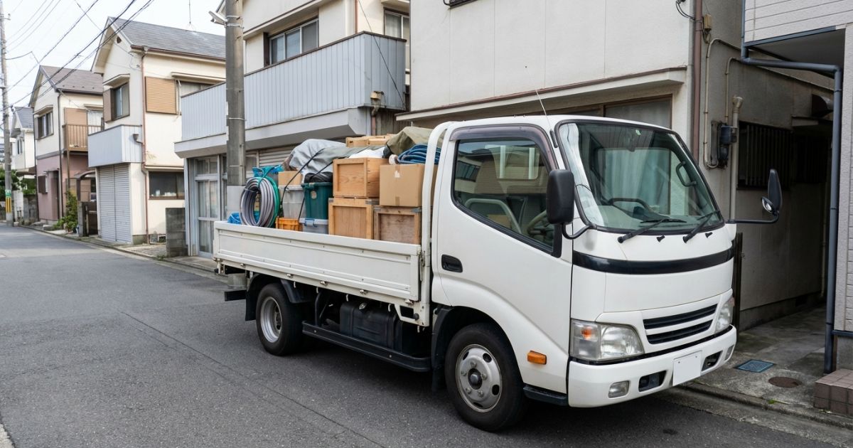 都市部の現場で3トントラックが資材を運ぶ様子が分かる写真