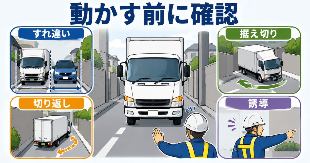 3トントラックが狭い路地や曲がり角ですれ違い据え切り切り返し誘導を確認する図解