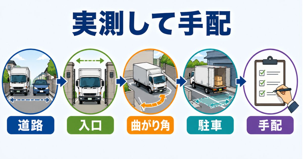 3トントラックの幅判断を道路入口曲がり角駐車手配の順に確認するフロー図解