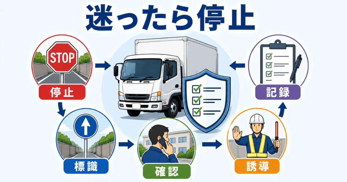 3トントラックの幅や進入条件に迷ったとき停止標識確認管理者確認誘導記録へ進む図解