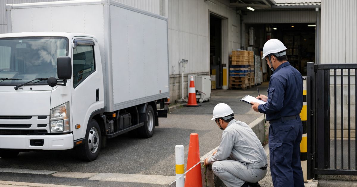 3トントラックの進入前に入口幅と駐車動線を確認している現場イメージ