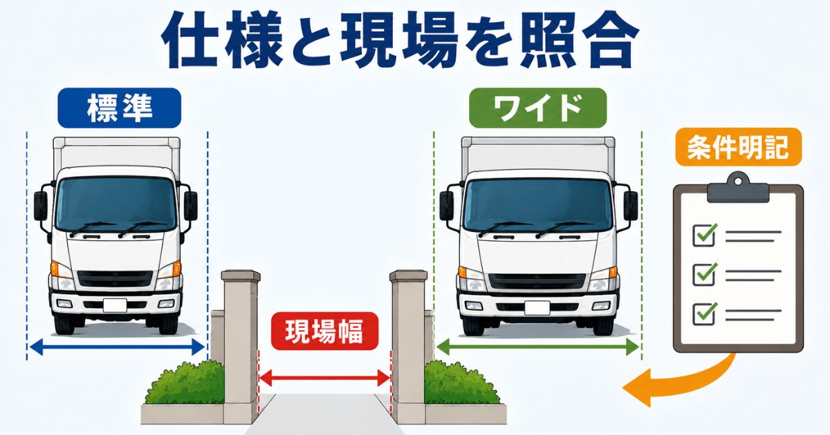 3トントラックの標準幅とワイド仕様を現場幅と照合して判断する図解