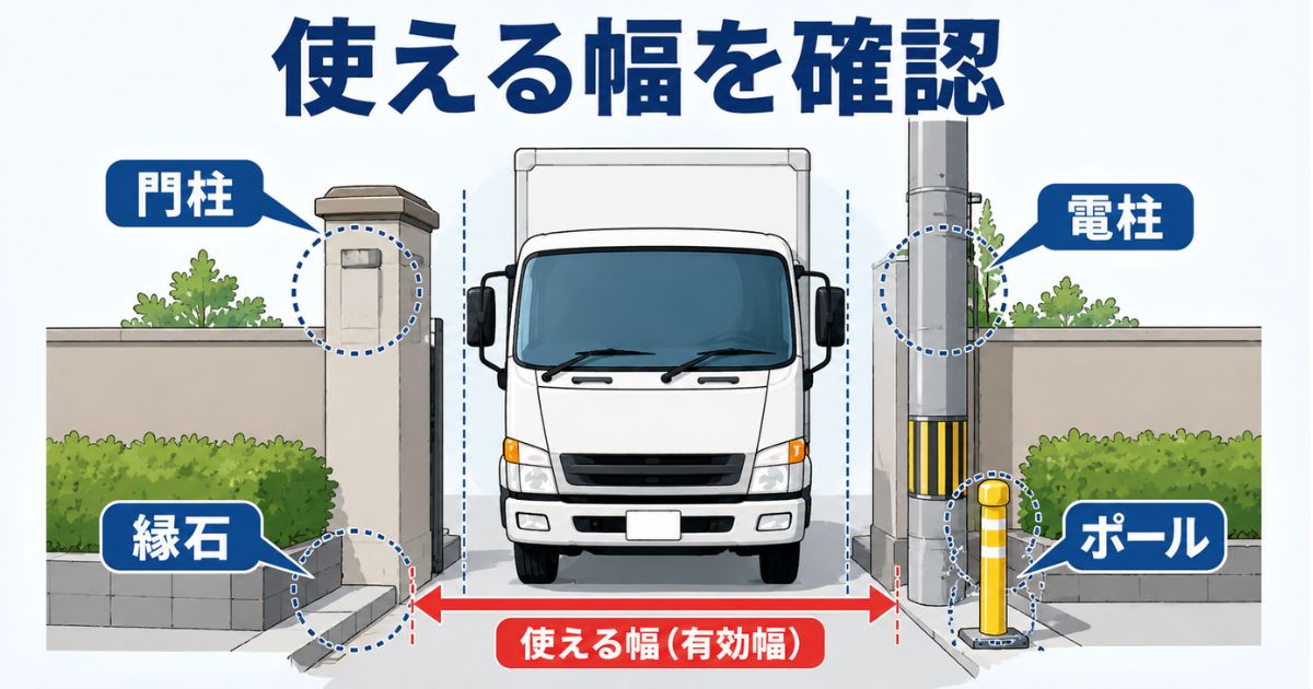 3トントラックの有効幅が門柱や電柱や縁石やポールで狭くなることを示す図解