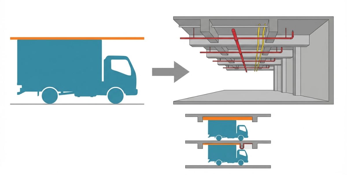 車両の全高と現地の有効高さ（入口だけでなく最小部）を照合して判断する考え方を示す図解