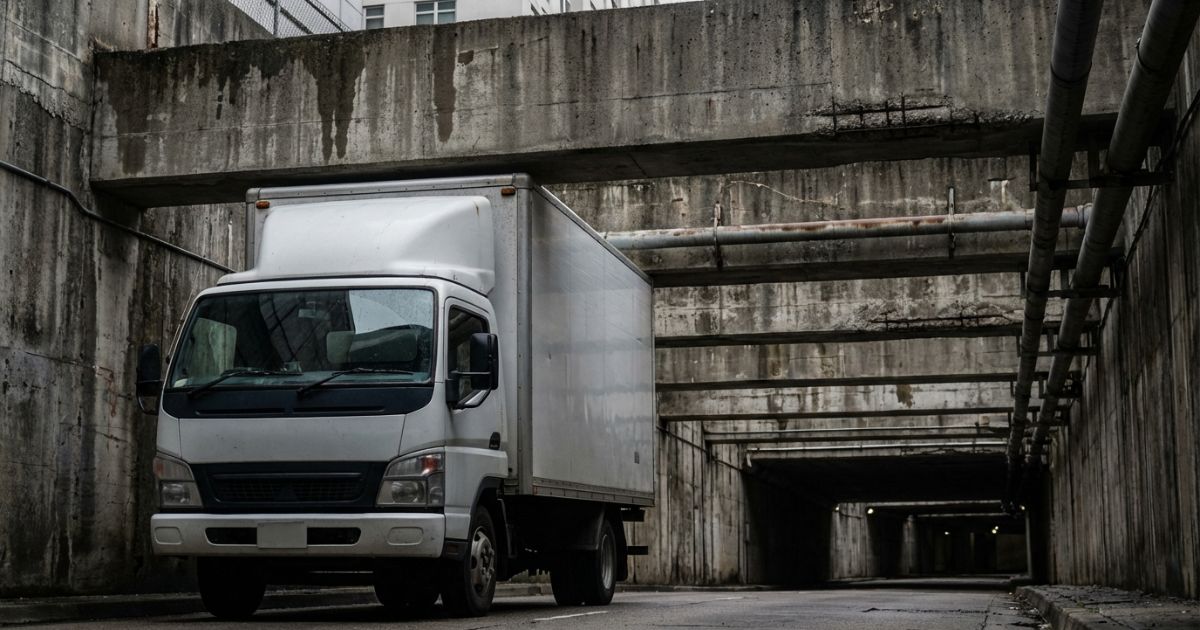 3トントラックが高さ制限のある入口手前で上部クリアランスを意識している様子が分かる写真