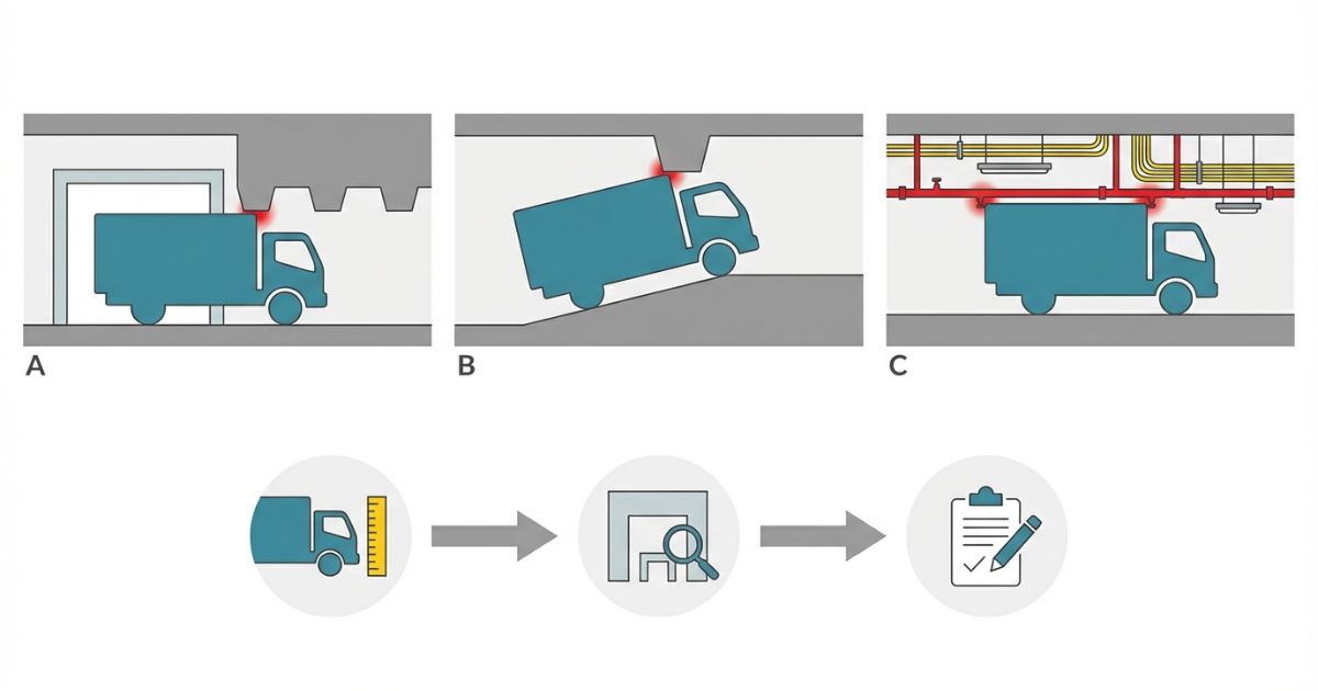 入口通過後の梁・勾配頂部・屋内設備で起きる高さトラブルの失敗例と回避の流れを示す図解