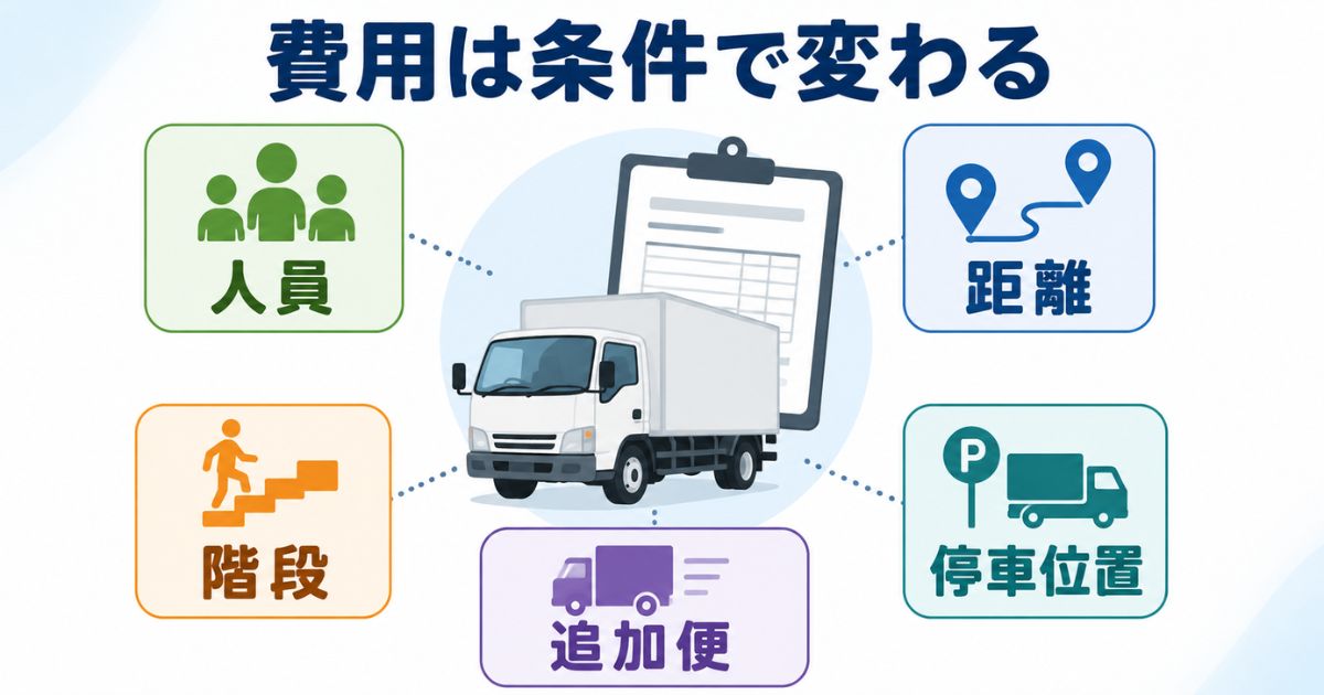 3トントラック引っ越し費用が人員距離階段停車位置追加便で変わることを示す図解