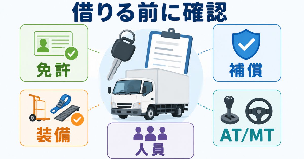 3トントラックをレンタカーで借りる前に免許補償装備ATMT人員を確認する図解