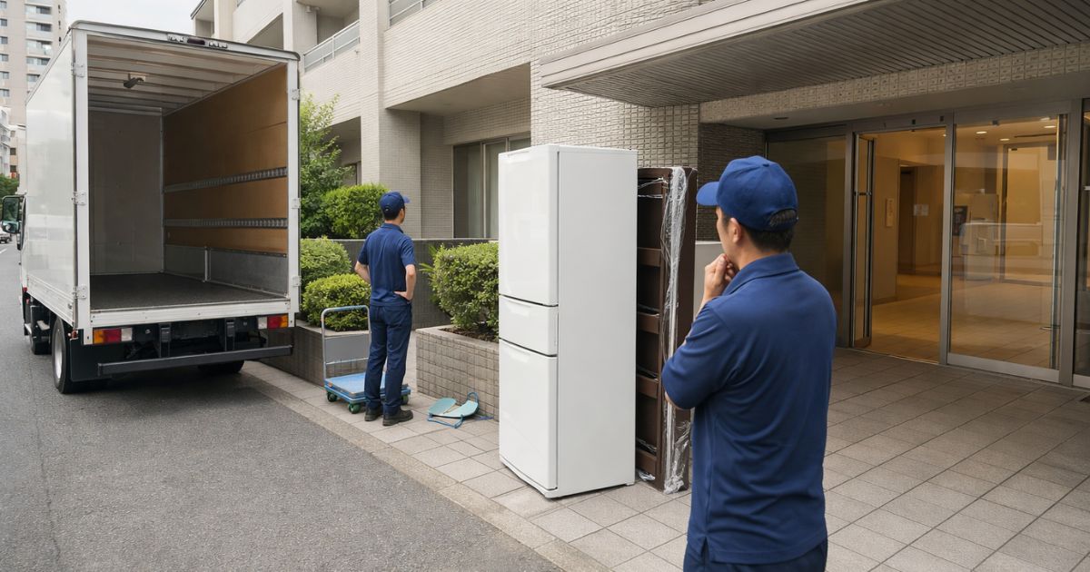 3トントラック引っ越し前に停車位置と搬入口動線を確認している現場イメージ