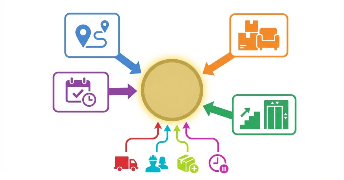 3トントラック引っ越し相場が条件で変わり内訳で判断できることを示す文字なし図解